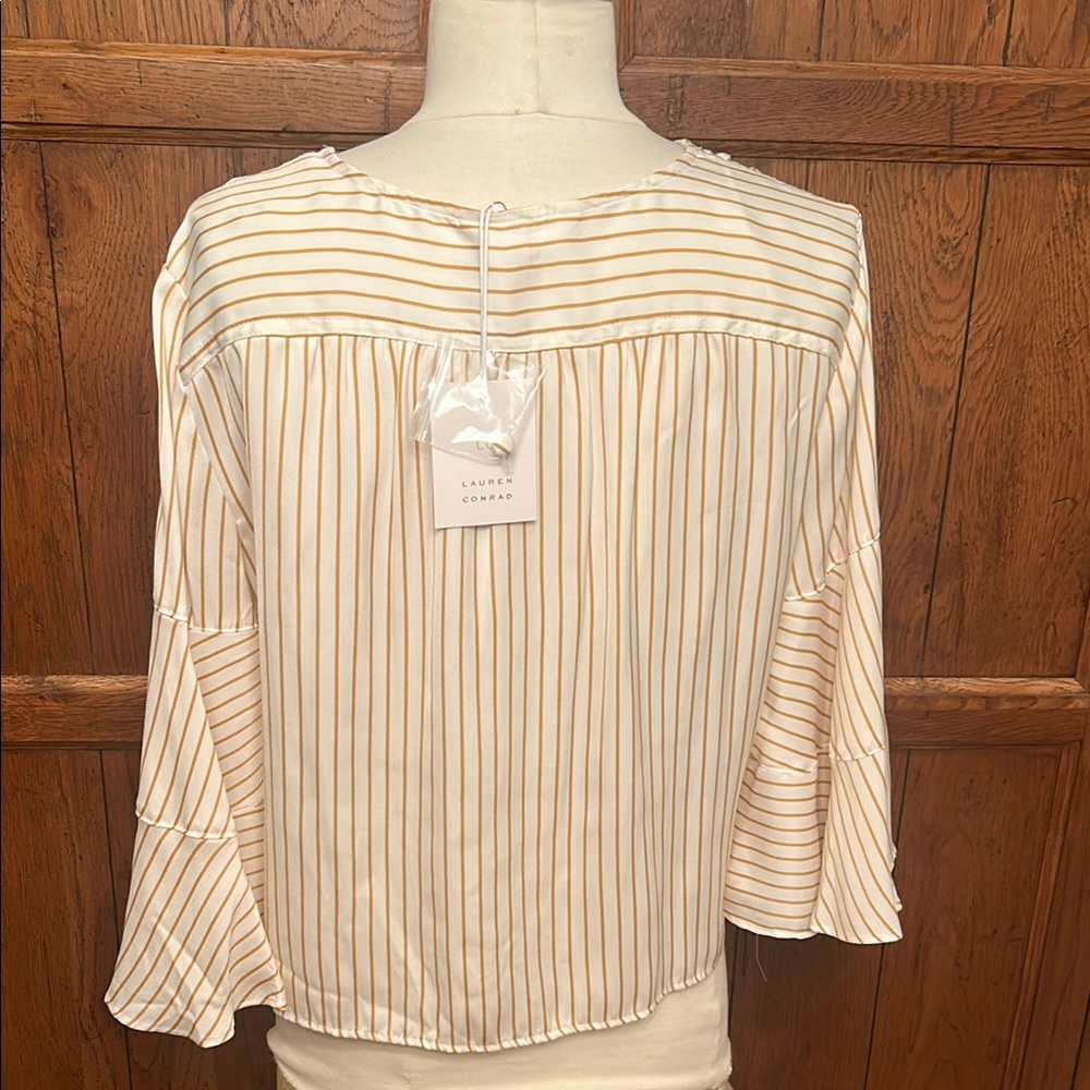 LAUREN CONRAD⭐️NWT Striped Golden Yellow & Cream Top w/Bell Sleeves🌻 - Picture 3 of 12